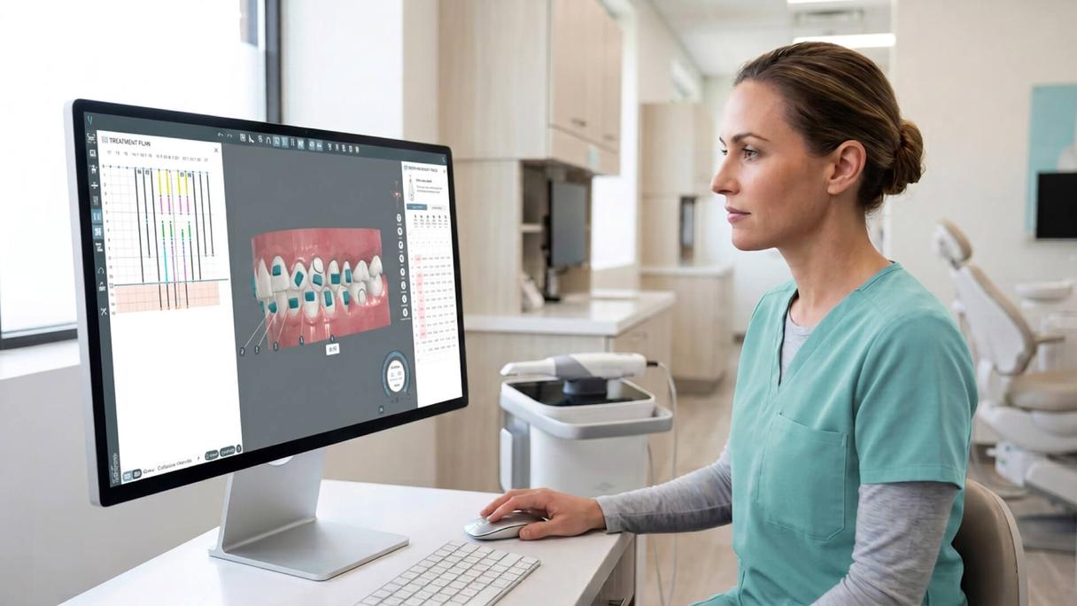 Orthodontist reviewing digital treatment planning software with 3D dental model on screen