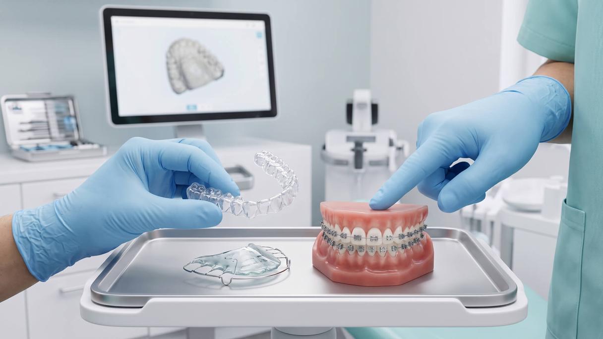 Orthodontic appliances overview showing traditional braces and clear aligners in a clinical setting