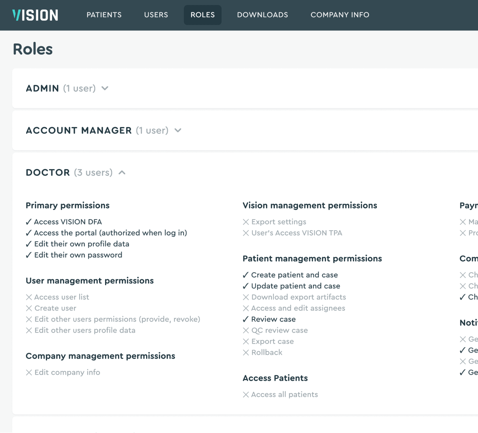 SoftSmile Portal settings panel showing access control options for lab technicians and dentists